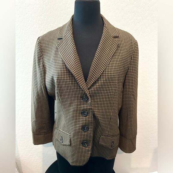 NINE WEST | Vintage Brown Cropped Plaid Blazer Jacket Leopard Lined | Size 14 - Picture 2 of 6